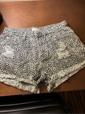 POL Sage Green Leopard Print Distressed Jean Shorts
